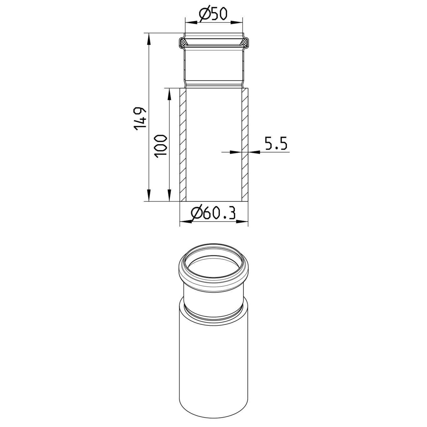 Line drawing of a penetration from the series Transition pipe-welding sleeve-steel.