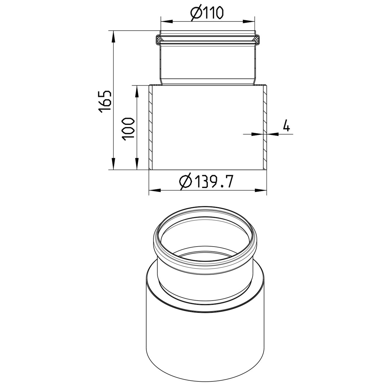 Line drawing of a penetration from the series Transition pipe-welding sleeve-steel.