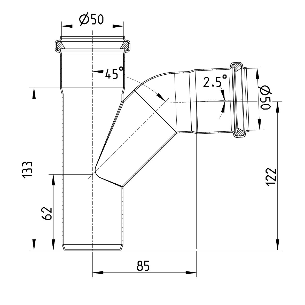 Line Drawing - Swept branch-87.5-long bend