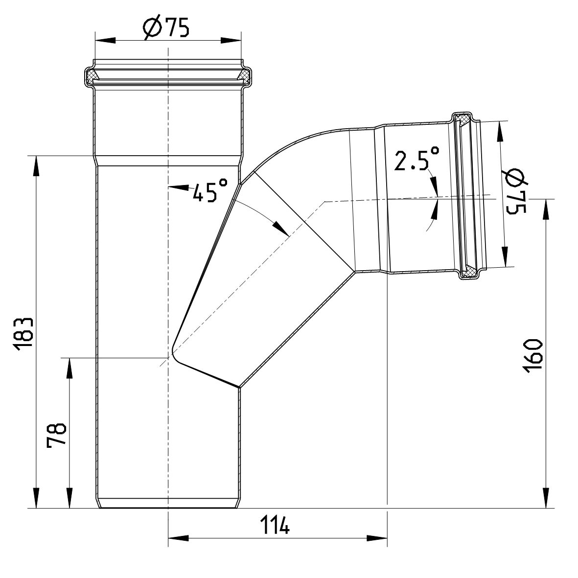 Line Drawing - Swept branch-87.5-long bend