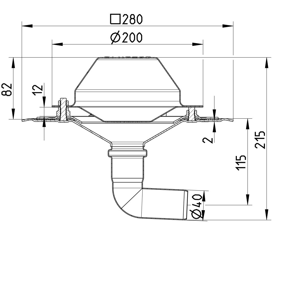 Line drawing of a drain from the series Drain for siphonic-single ply membrane.