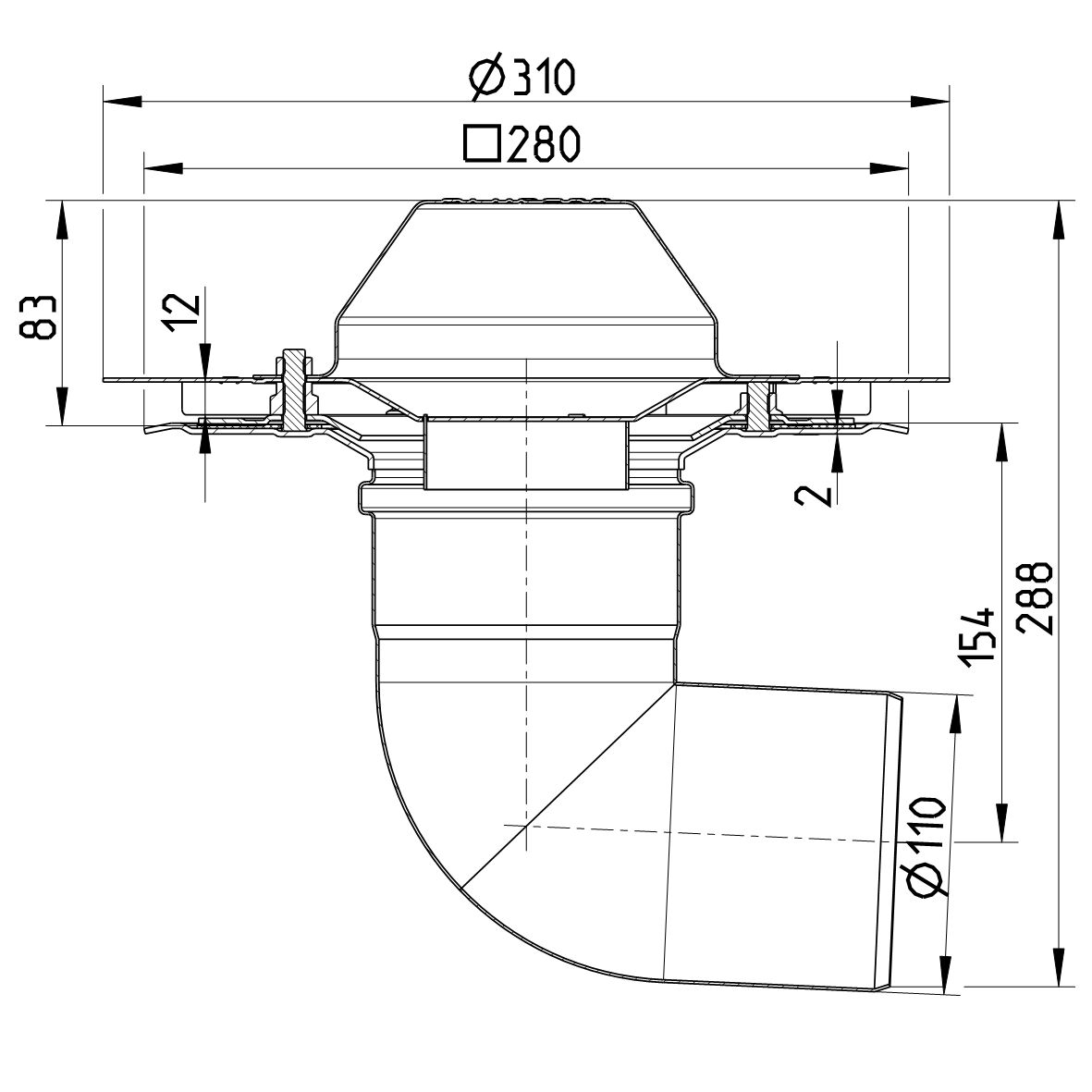 Line drawing of a drain from the series Drain for siphonic-single ply membrane.