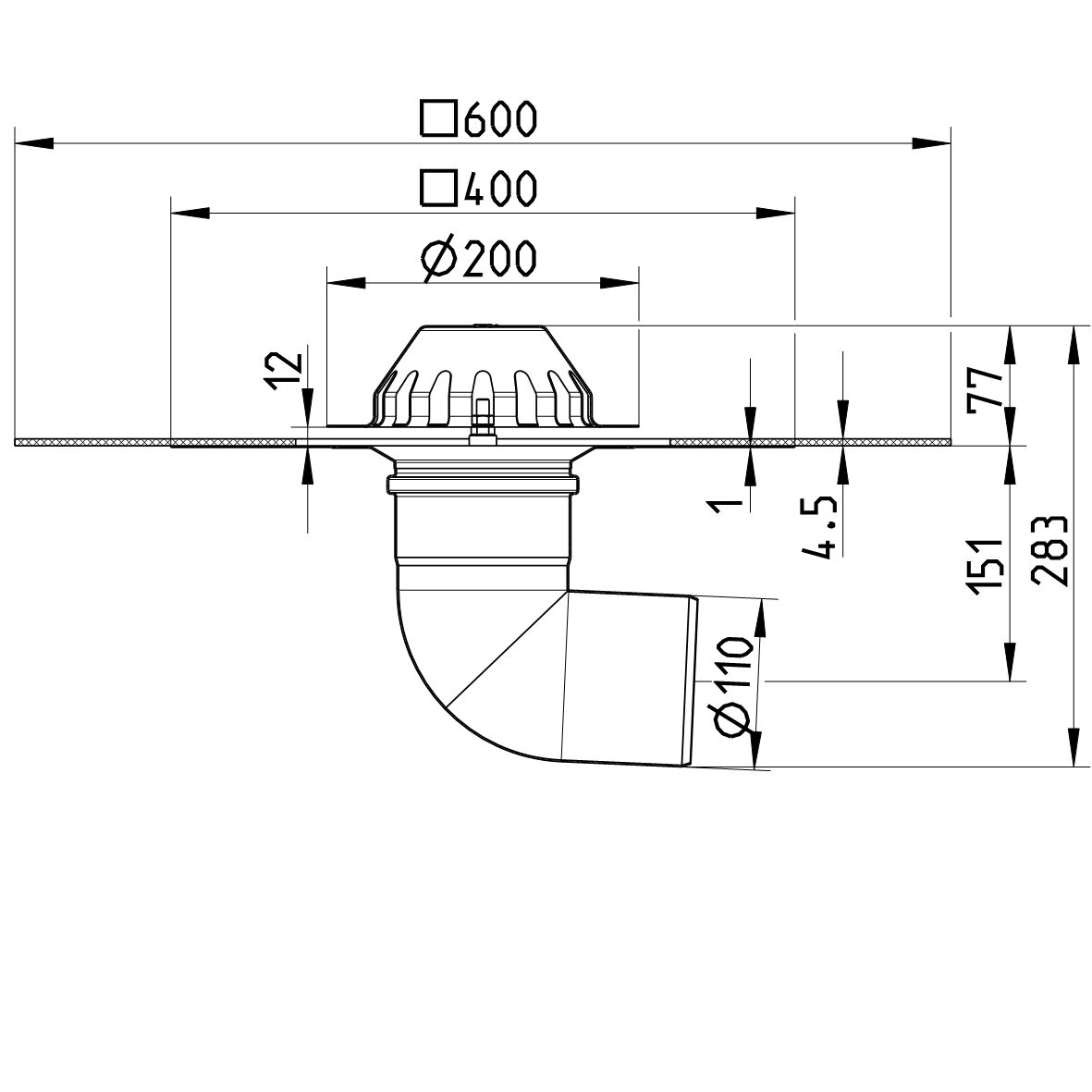 Line drawing of a drain from the series Drain for gravity-bitumen collar.