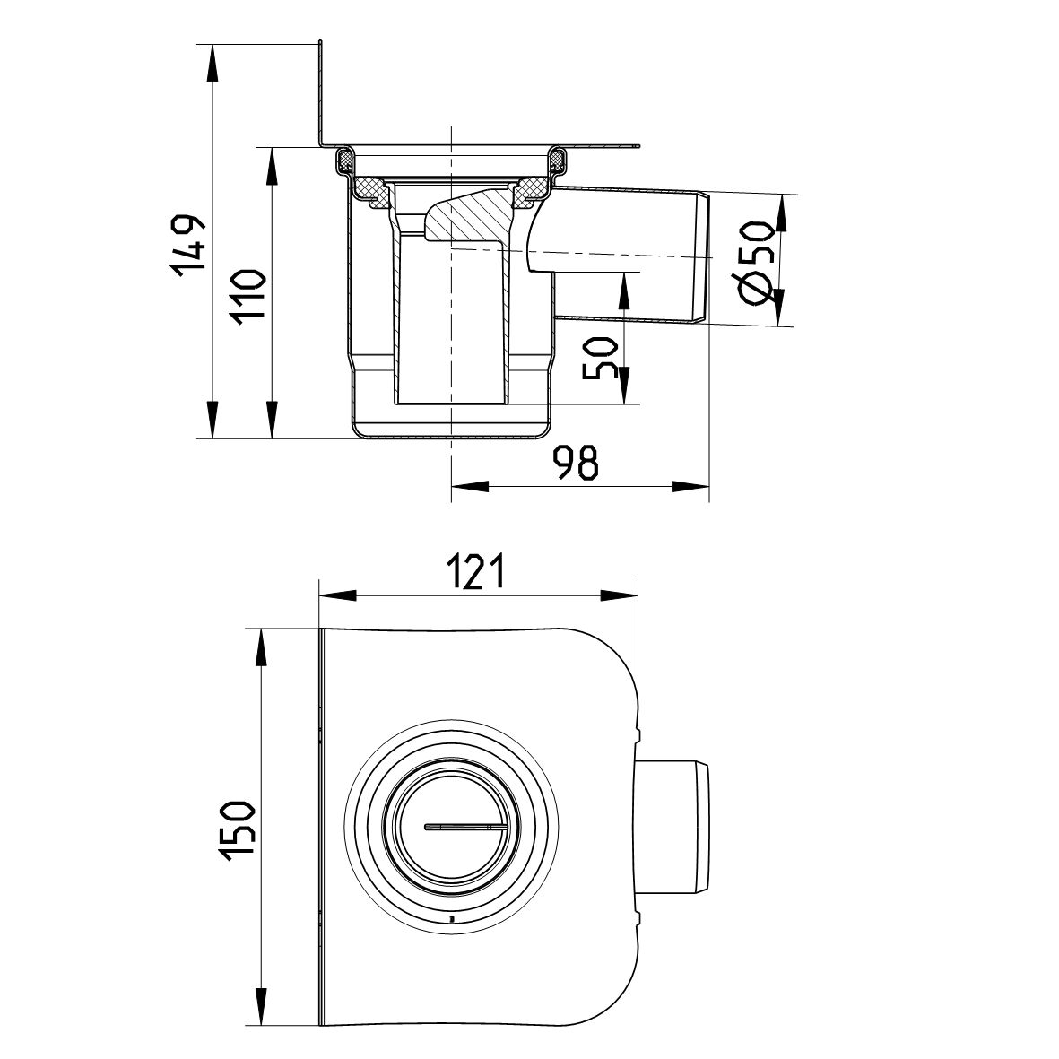 Line drawing of a trap from the series Water trap-Shower channel.