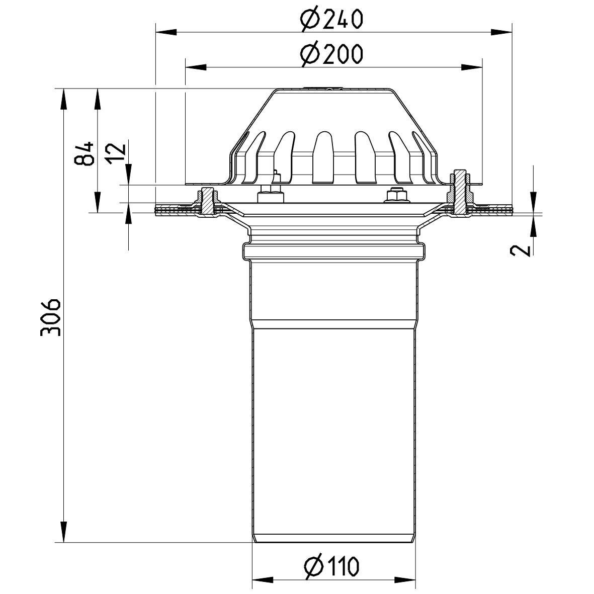 Line drawing of a drain from the series Drain for gravity-channels.