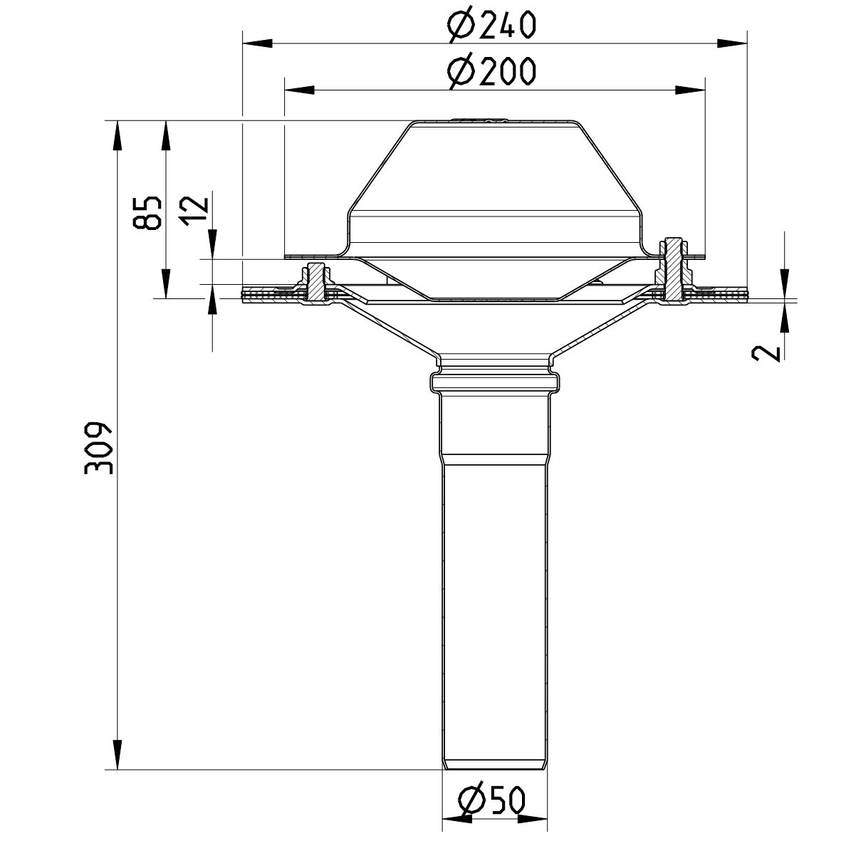 Line drawing of a drain from the series Drain for siphonic-channels.