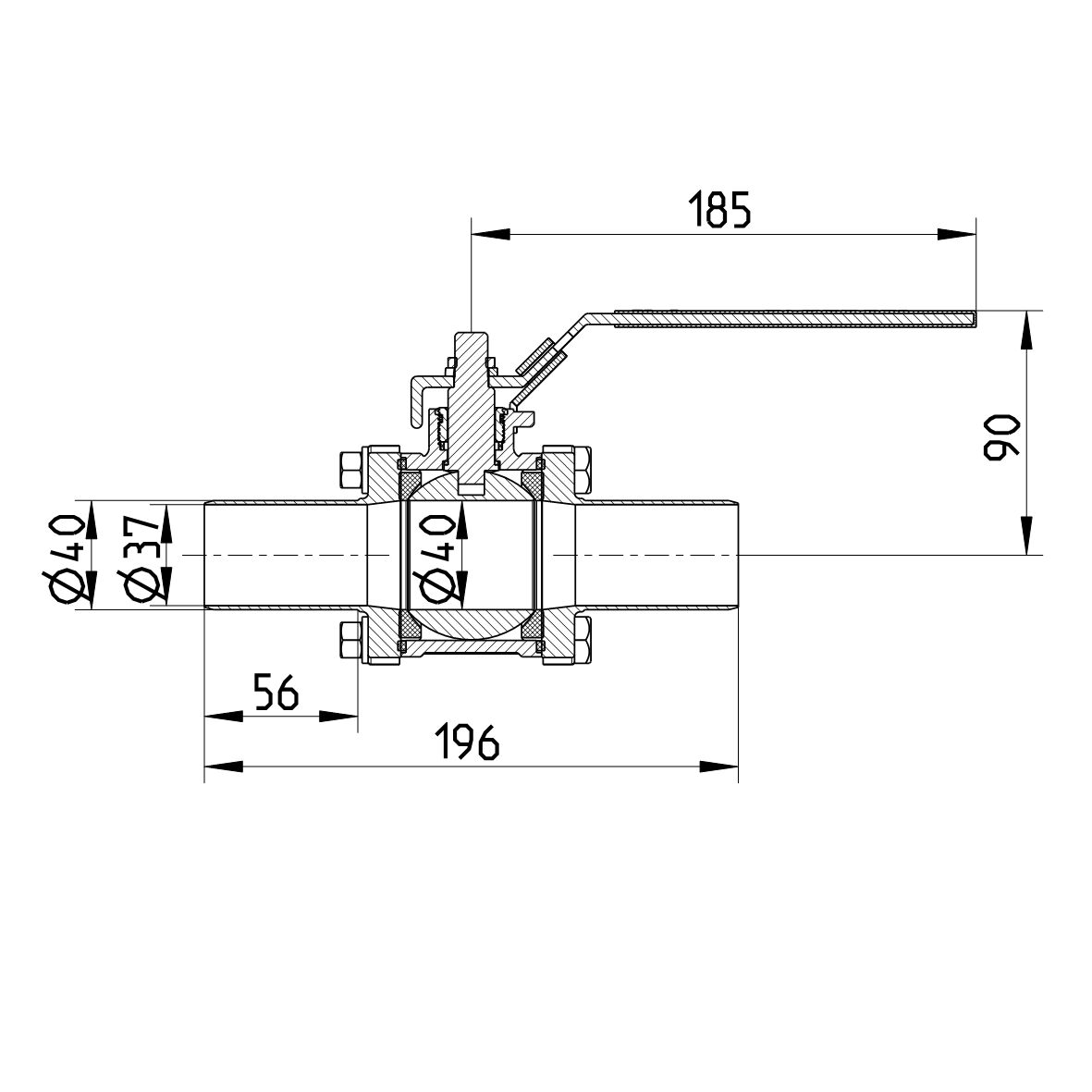 Line drawing of a valve from the series Lever-Ball-Valve.